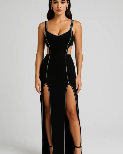 Vestido longo bandage com detalhes em cristal na cor preta.