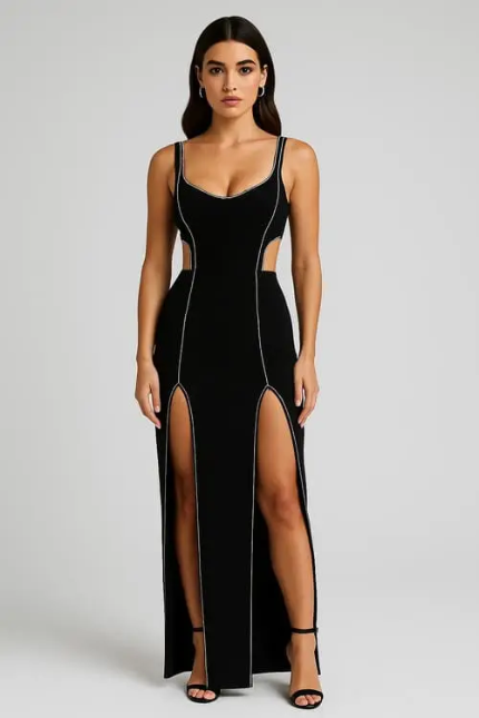 Vestido longo bandage com detalhes em cristal na cor preta.