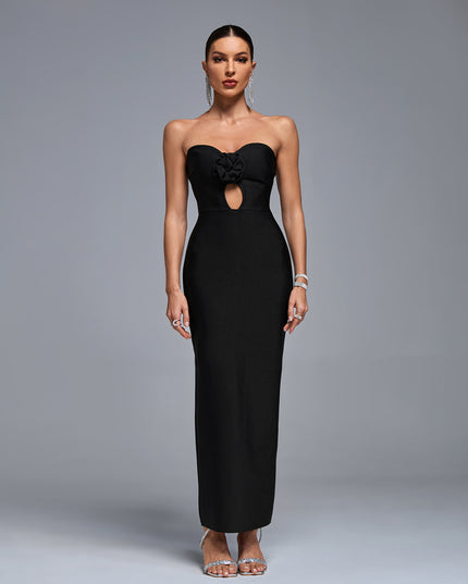 Vestido longo sem alças com recortes