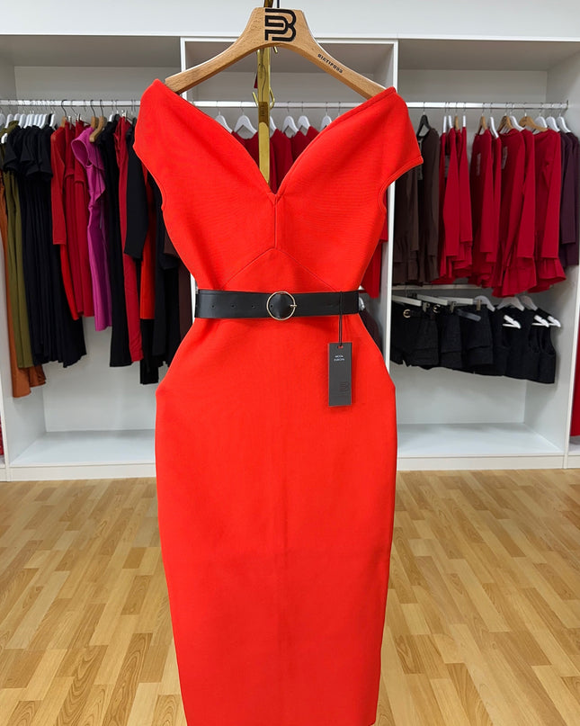 Vestido Midi com decote em V e faixa aberto la